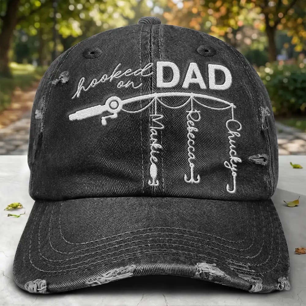 Hooked On Dad Grandpa - Personalized Embroidered Distressed Cap