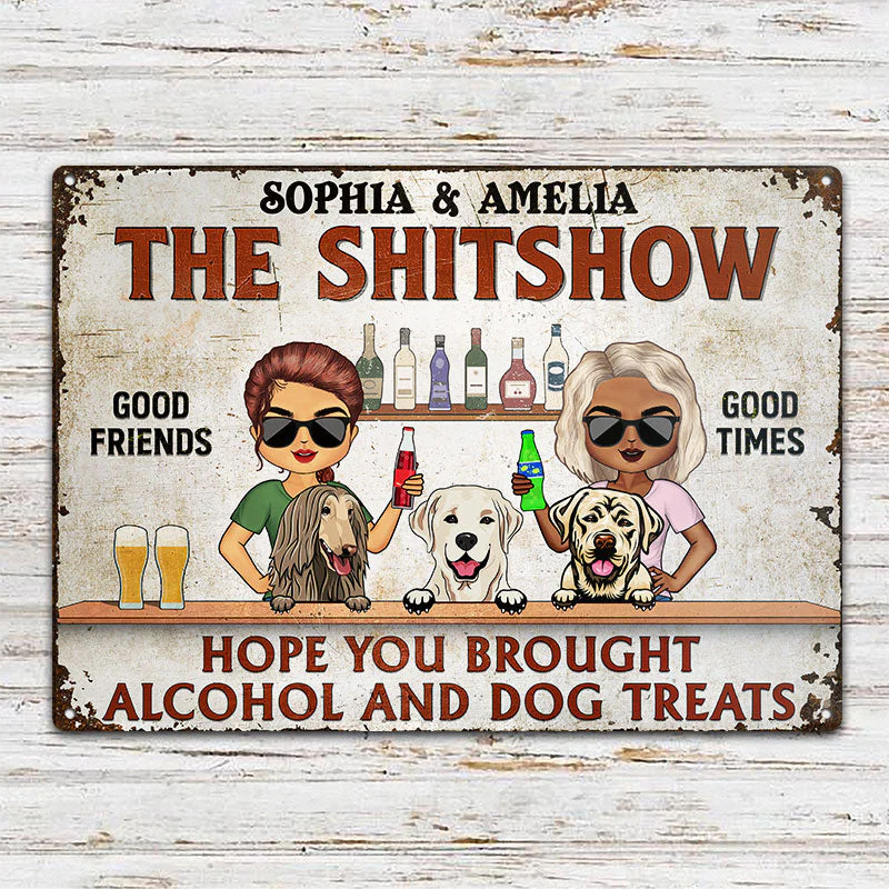 Hope You Brought Alcohol And Dog Treats Chibi Couple Husband Wife - Backyard Sign - Personalized Custom Classic Metal Signs - Image 2