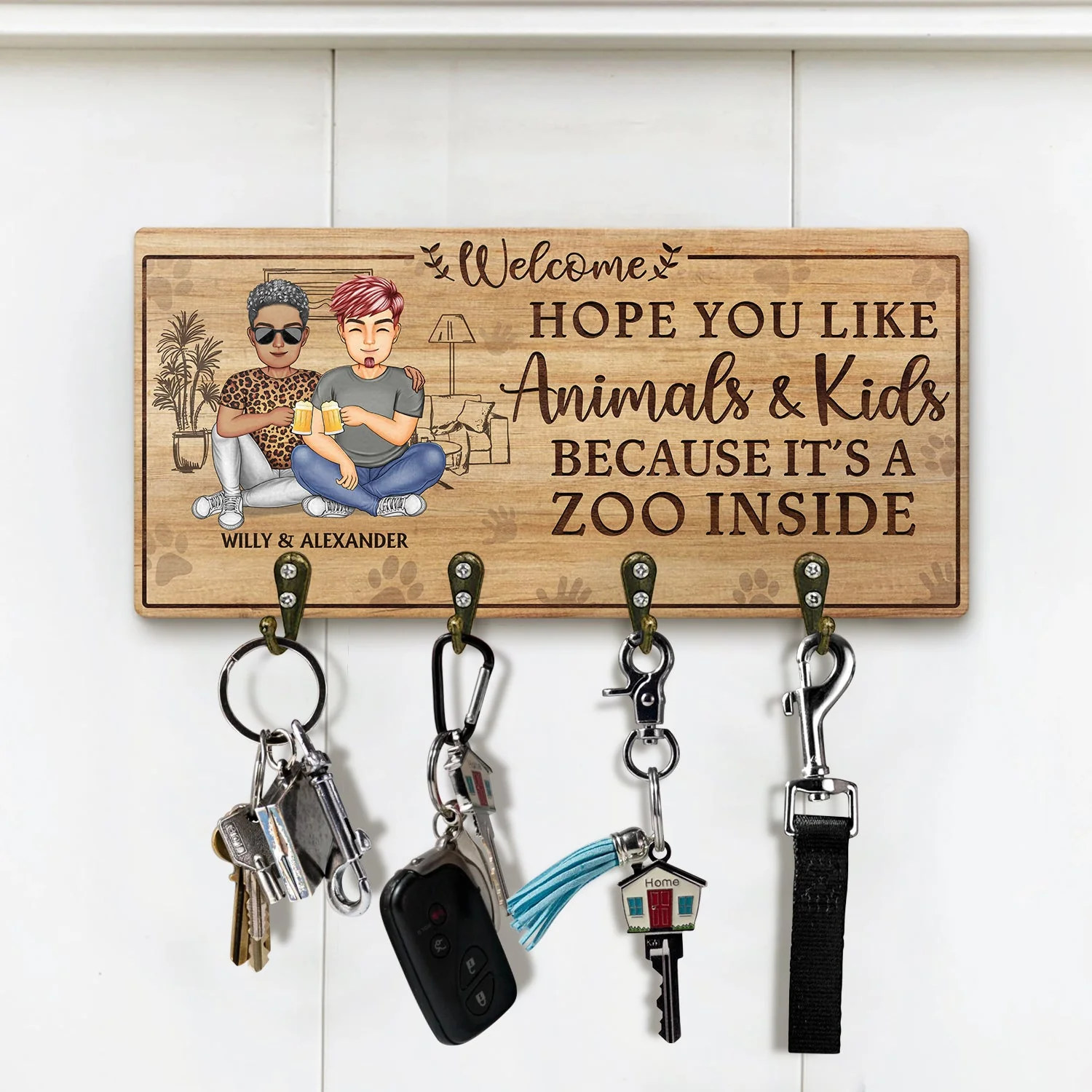 Hope You Like Animals And Kids - Anniversary, Birthday, Home Decor Gift For Spouse, Lover, Husband, Wife, Boyfriend, Girlfriend, Couple - Personalized Custom Wood Key Holder - Image 2