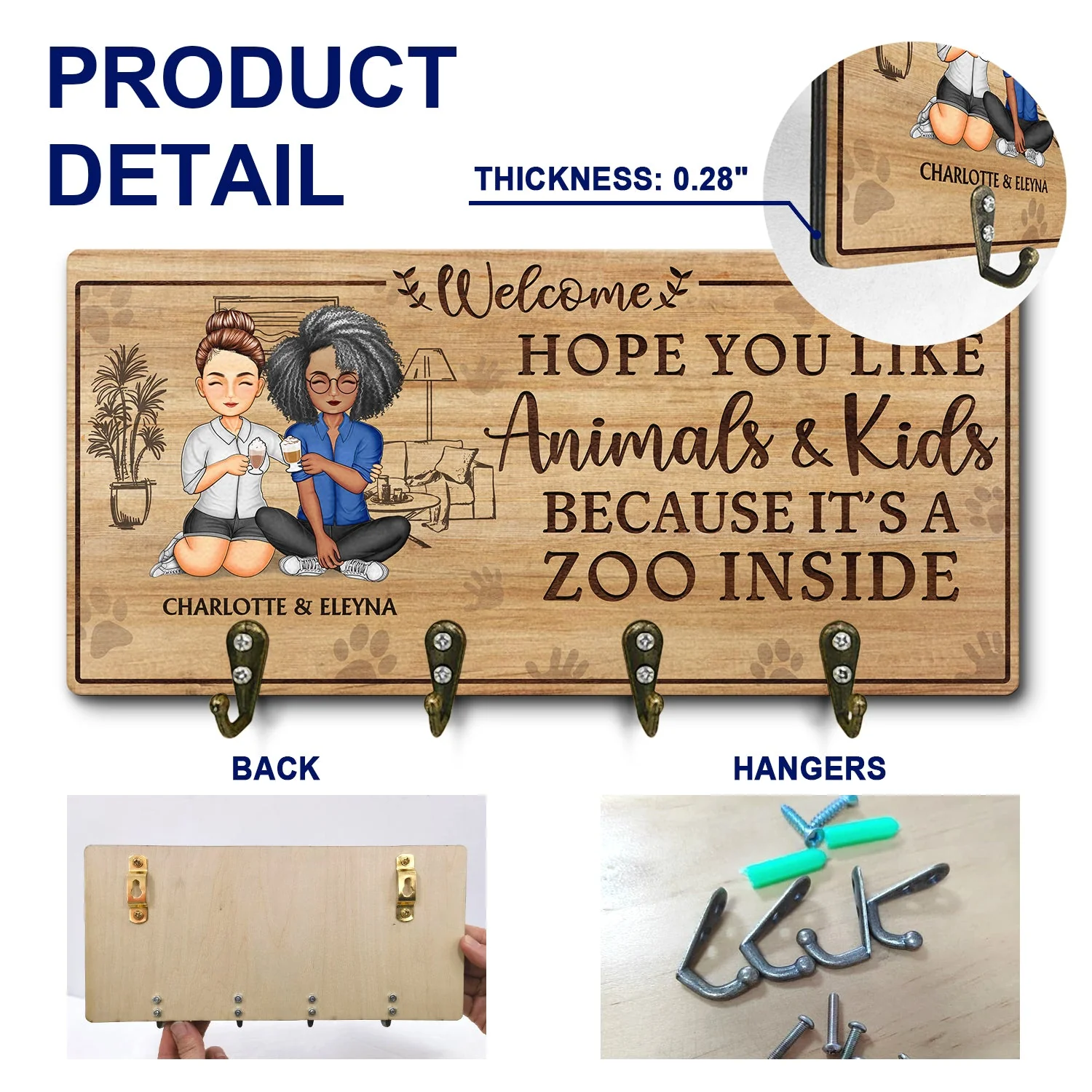 Hope You Like Animals And Kids - Anniversary, Birthday, Home Decor Gift For Spouse, Lover, Husband, Wife, Boyfriend, Girlfriend, Couple - Personalized Custom Wood Key Holder - Image 5