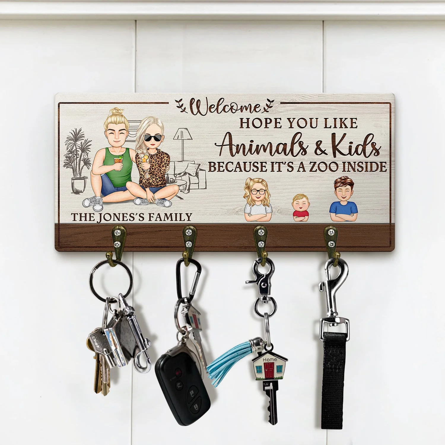 Hope You Like Animals And Kids - Home Decor Gift For Family, Husband, Wife, Couple - Personalized Wood Key Holder - Image 2