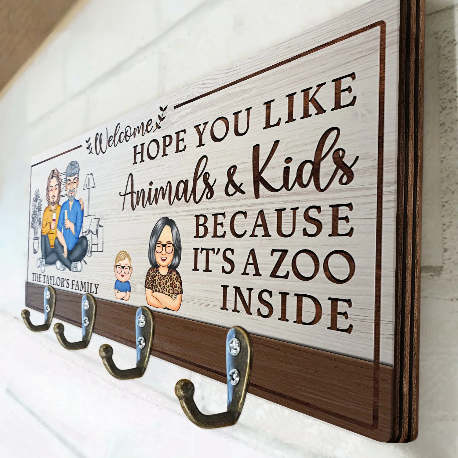 Hope You Like Animals And Kids - Home Decor Gift For Family, Husband, Wife, Couple - Personalized Wood Key Holder - Image 3