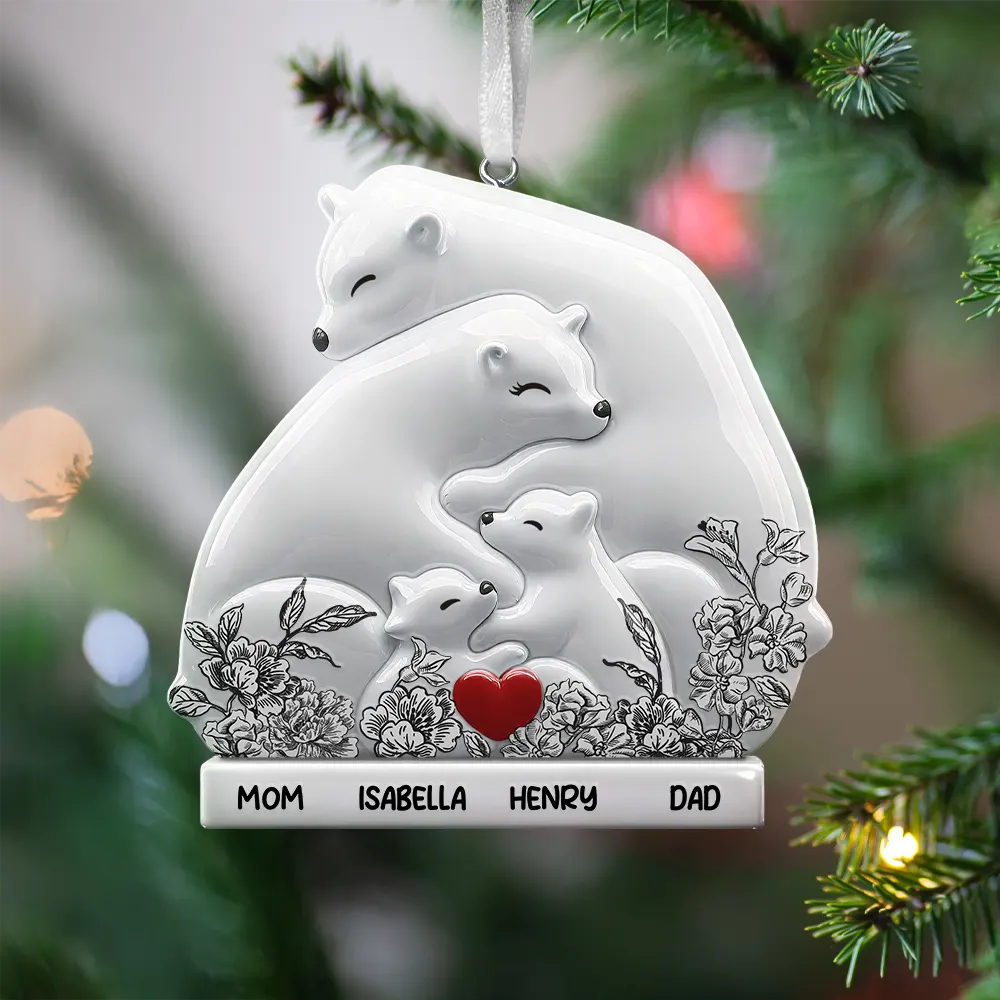 Hugging Bear Family Toile De Jouy Art - Personalized Embossed Ceramic Ornament - Image 2