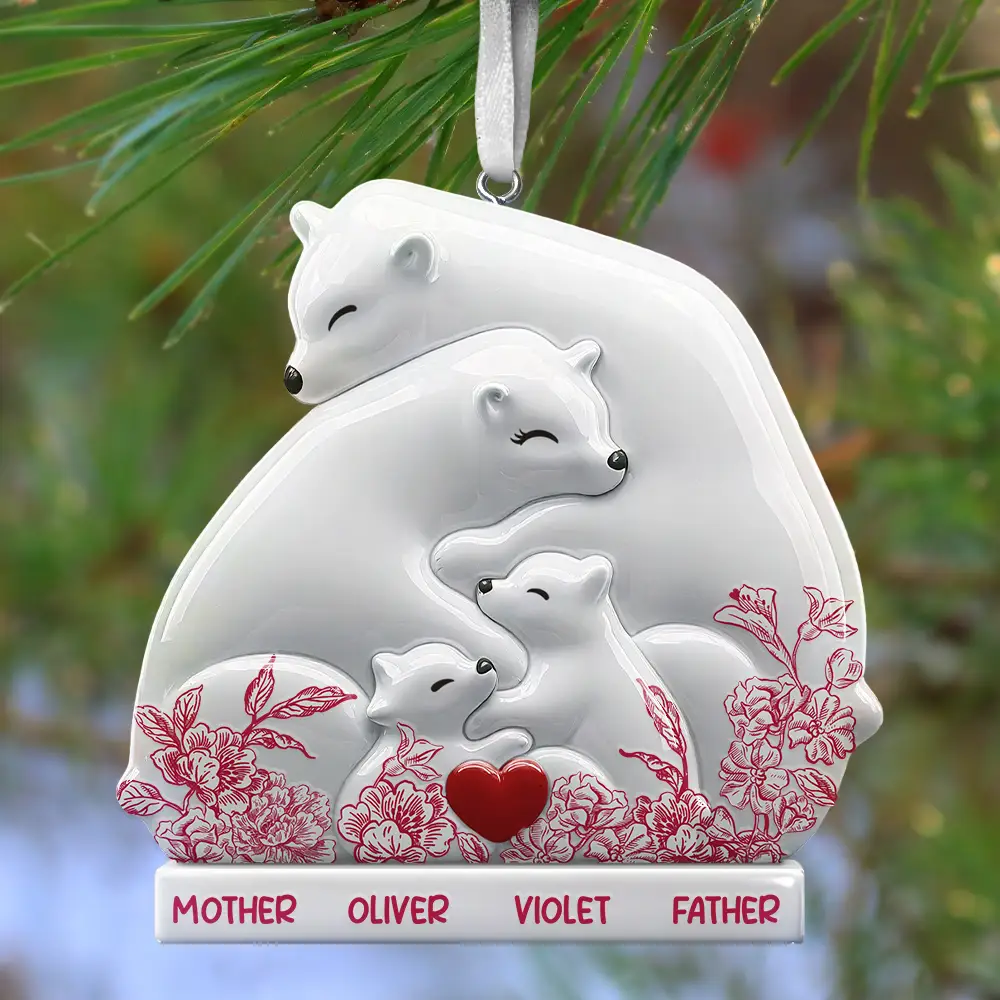 Hugging Bear Family Toile De Jouy Art - Personalized Embossed Ceramic Ornament - Image 3