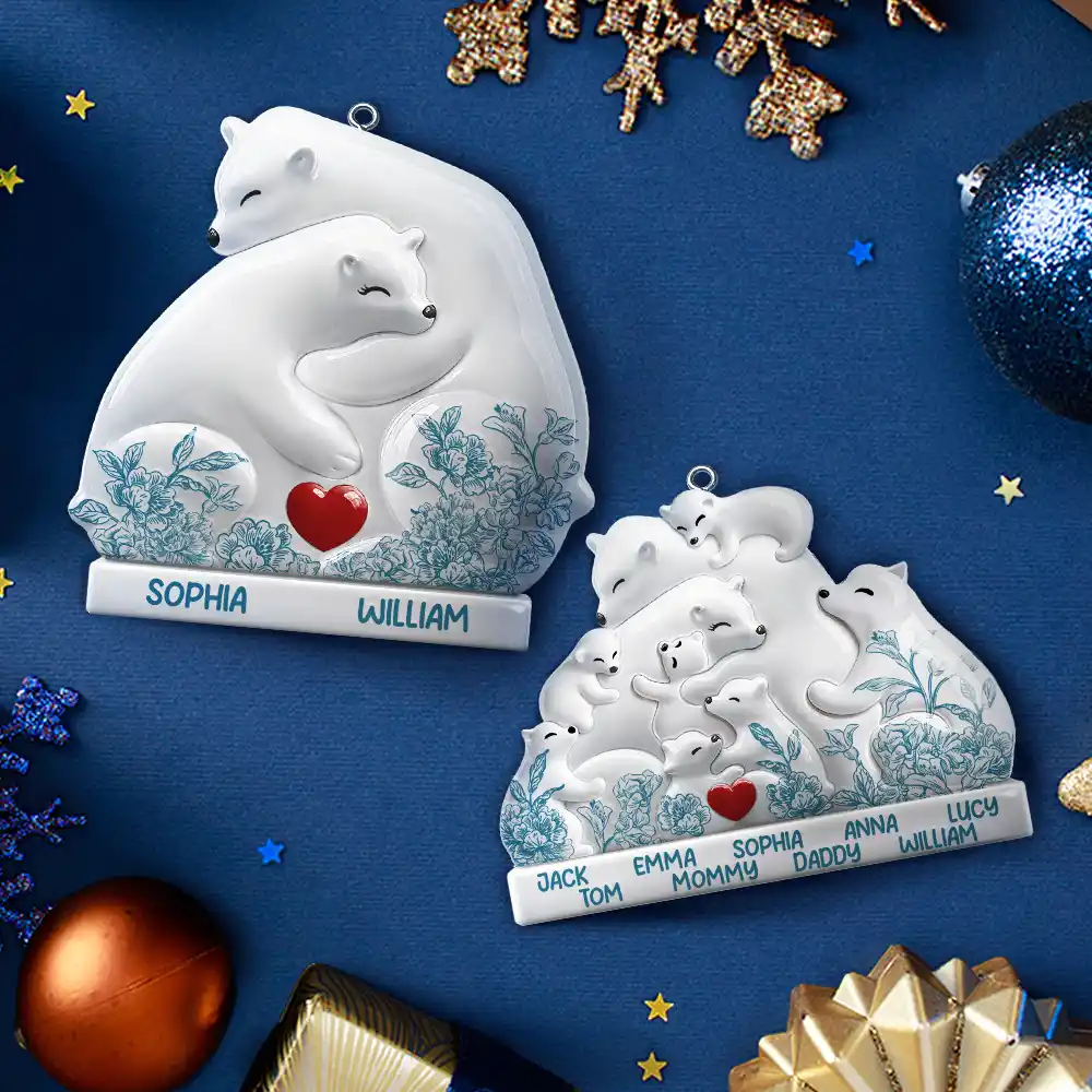 Hugging Bear Family Toile De Jouy Art - Personalized Embossed Ceramic Ornament - Image 4