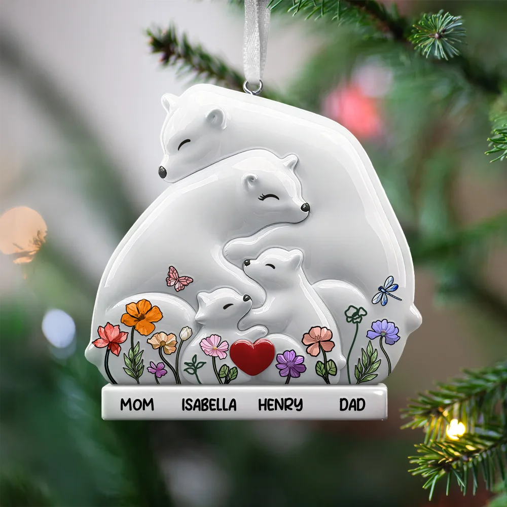 Hugging Bear Family Flower Painting Art - Personalized Embossed Ceramic Ornament - Image 2