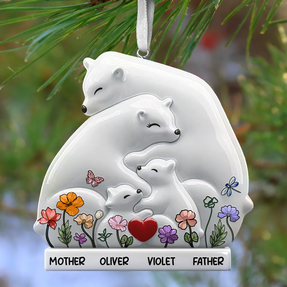 Hugging Bear Family Flower Painting Art - Personalized Embossed Ceramic Ornament - Image 3