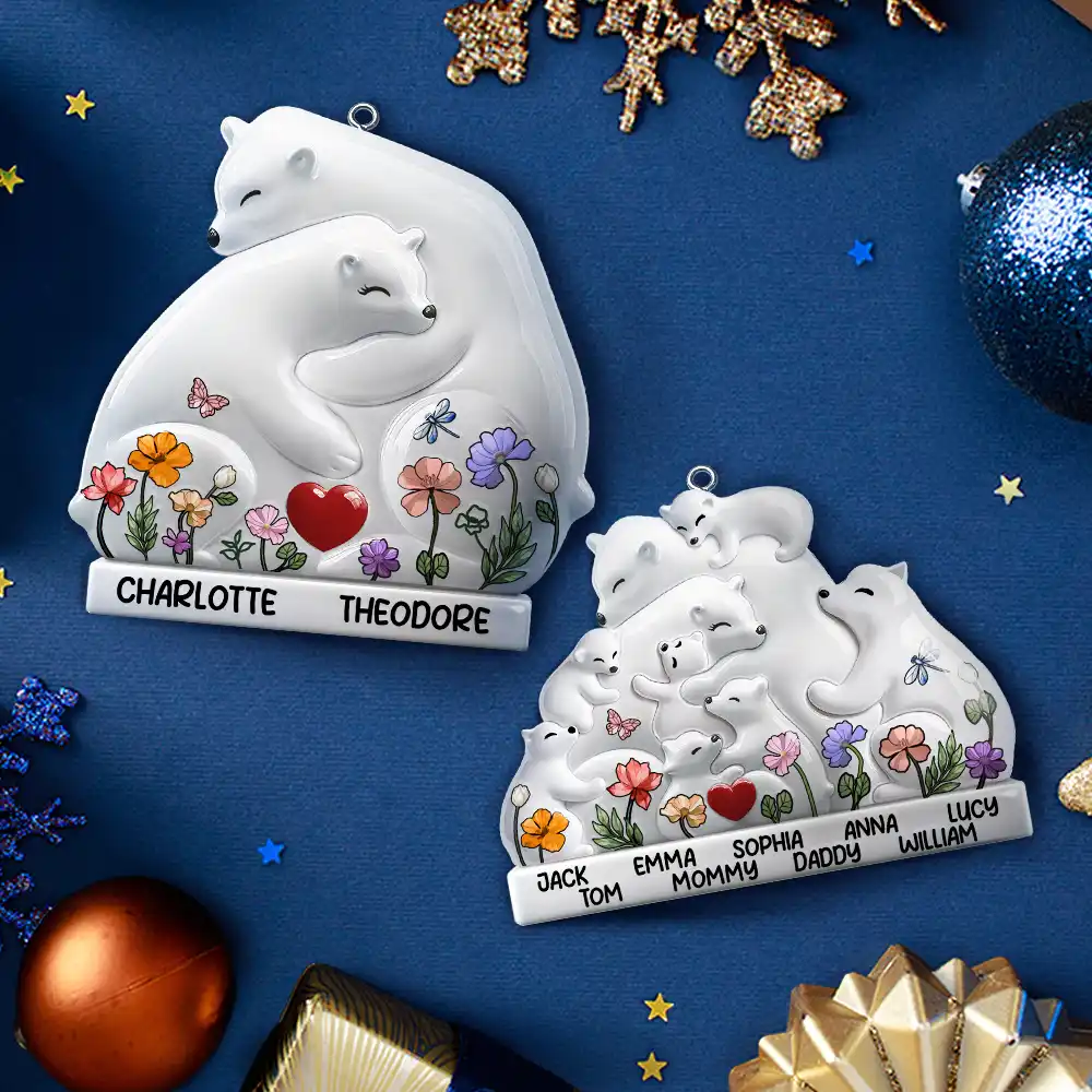 Hugging Bear Family Flower Painting Art - Personalized Embossed Ceramic Ornament - Image 4