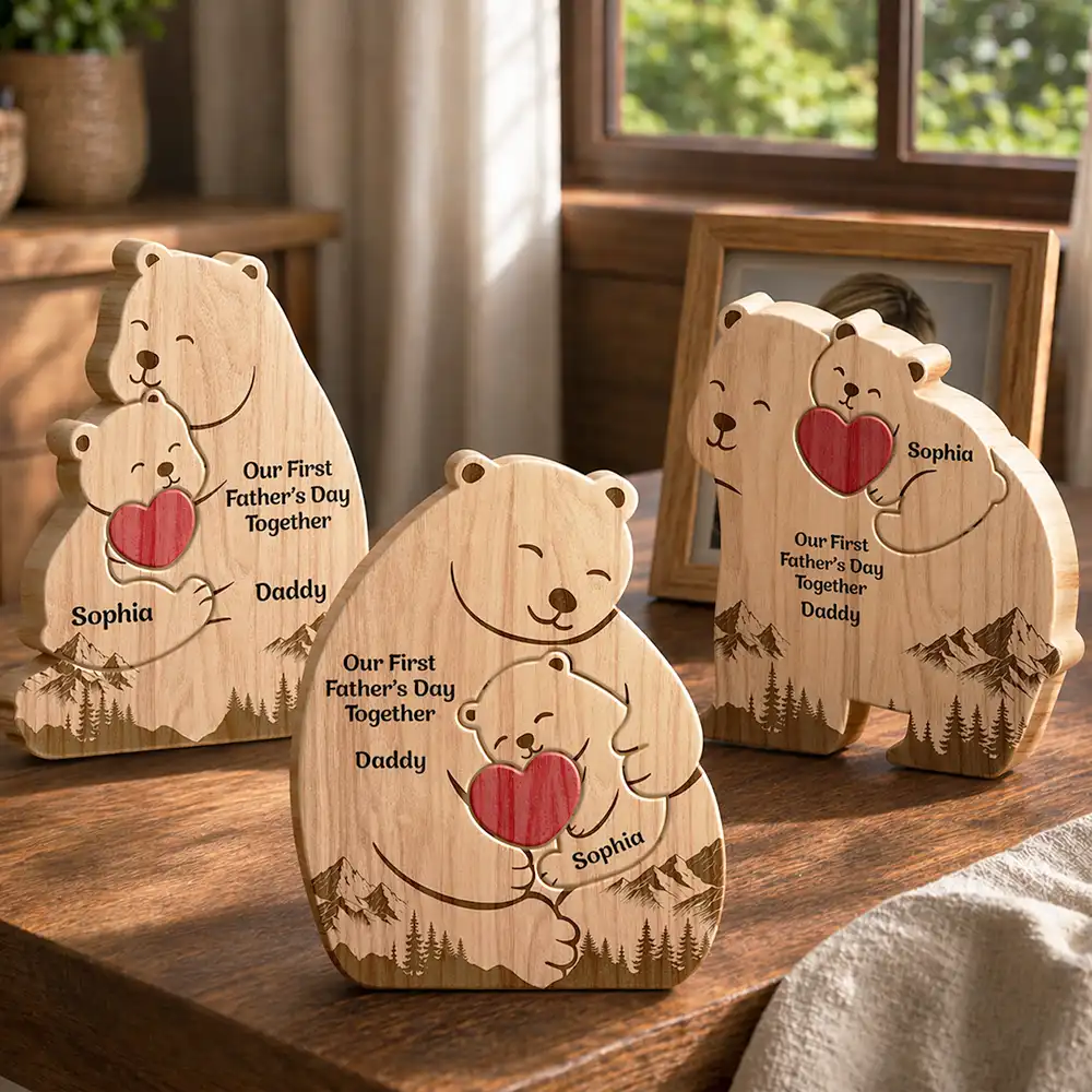 Hugging Mama Papa Bear & Baby Cub - Personalized Custom Shaped Wooden Puzzle - Image 2