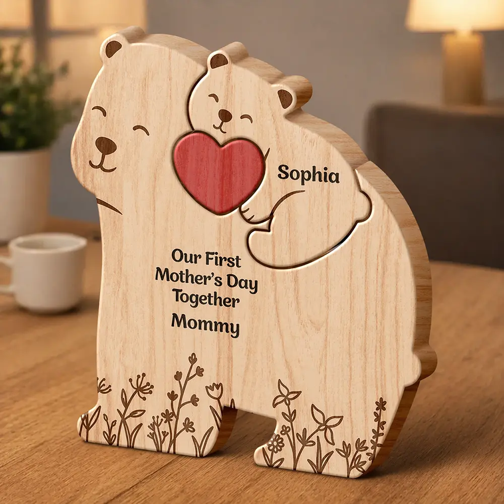 Hugging Mama Papa Bear & Baby Cub - Personalized Custom Shaped Wooden Puzzle - Image 3