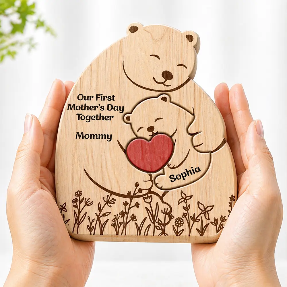 Hugging Mama Papa Bear & Baby Cub - Personalized Custom Shaped Wooden Puzzle - Image 5