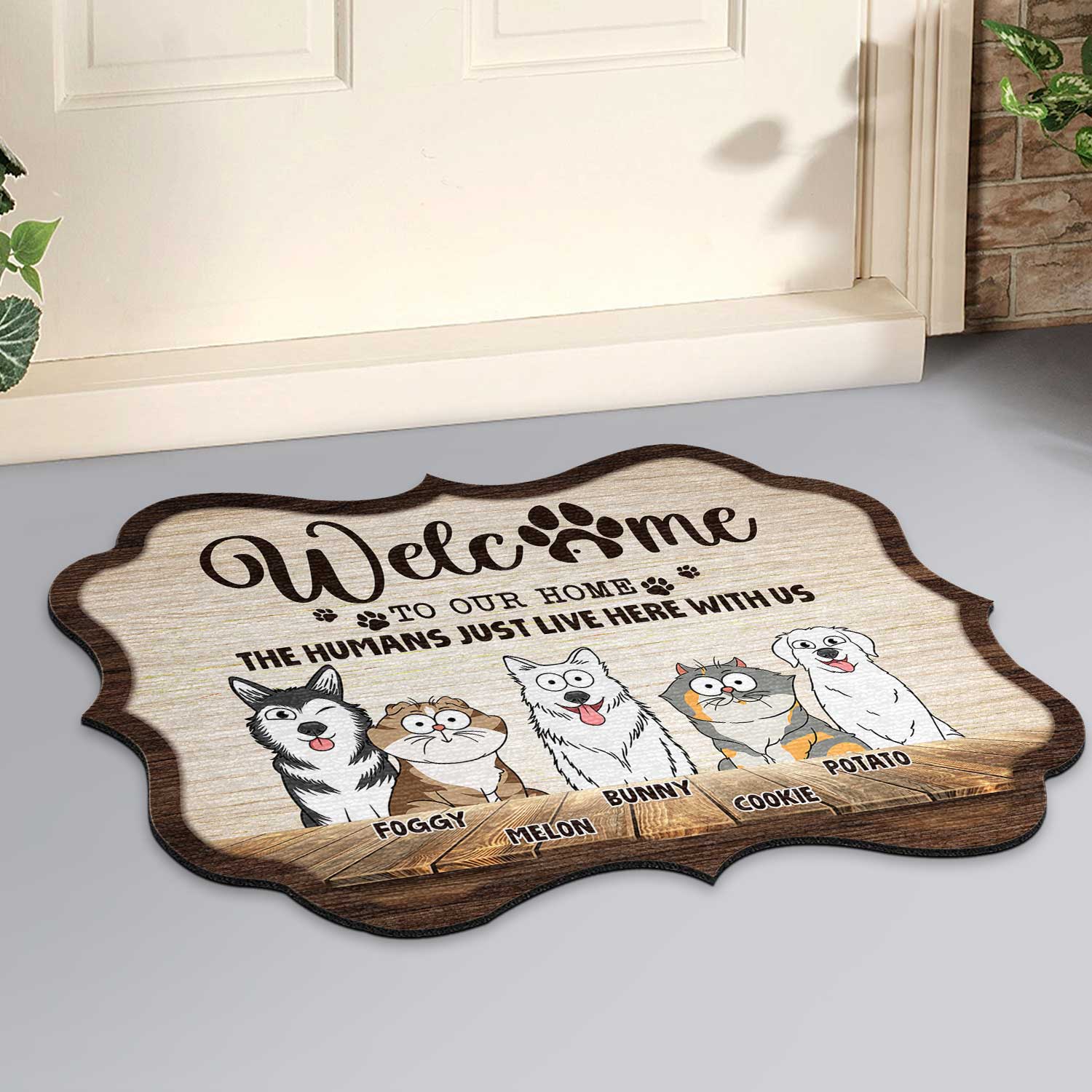 Humans Just Live Here With Us Funny Cartoon Dogs Cats - Gift For Pet Lovers - Personalized Custom Shaped Doormat - Image 2