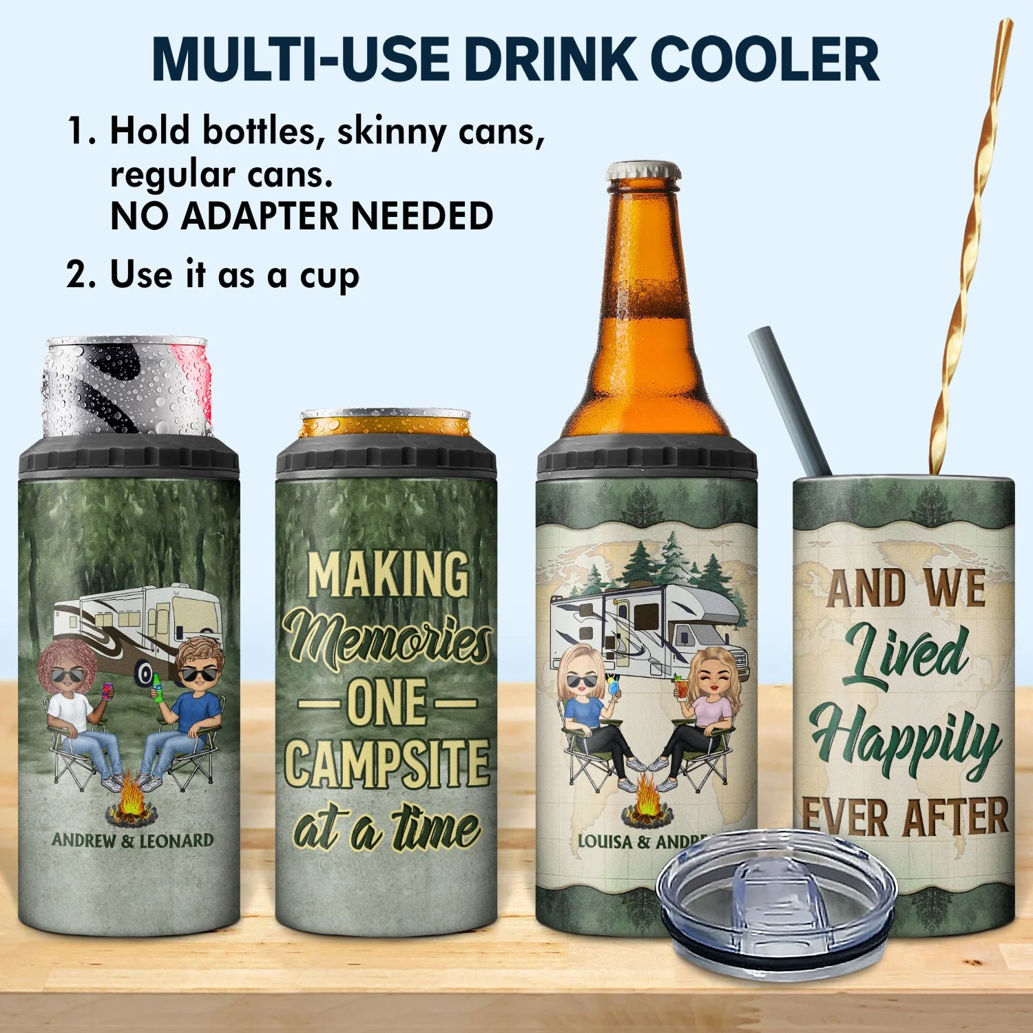 Husband And Wife Camping Partners For Life - Anniversary, Birthday Gift For Spouse, Husband, Wife, Boyfriend, Girlfriend, Campers - Personalized Custom 4 In 1 Can Cooler Tumbler - Image 2