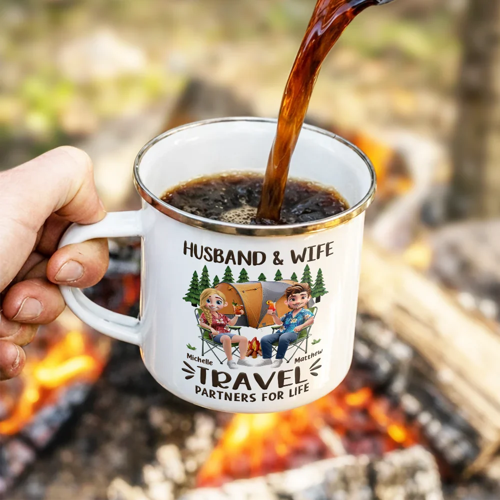 Husband And Wife Camping Partners For Life - Personalized Enamel Mug - Image 4
