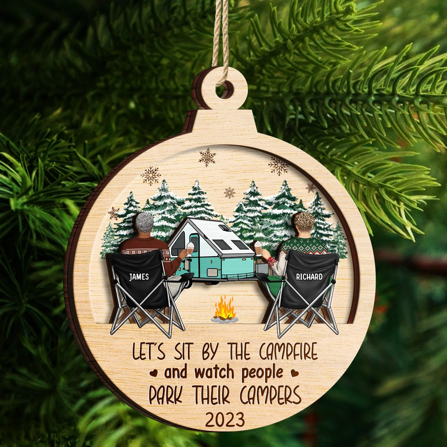 Husband & Wife Camping Partners For Life - Christmas Gift For Couples, Campers - Personalized 2-Layered Wooden Ornament - Image 4