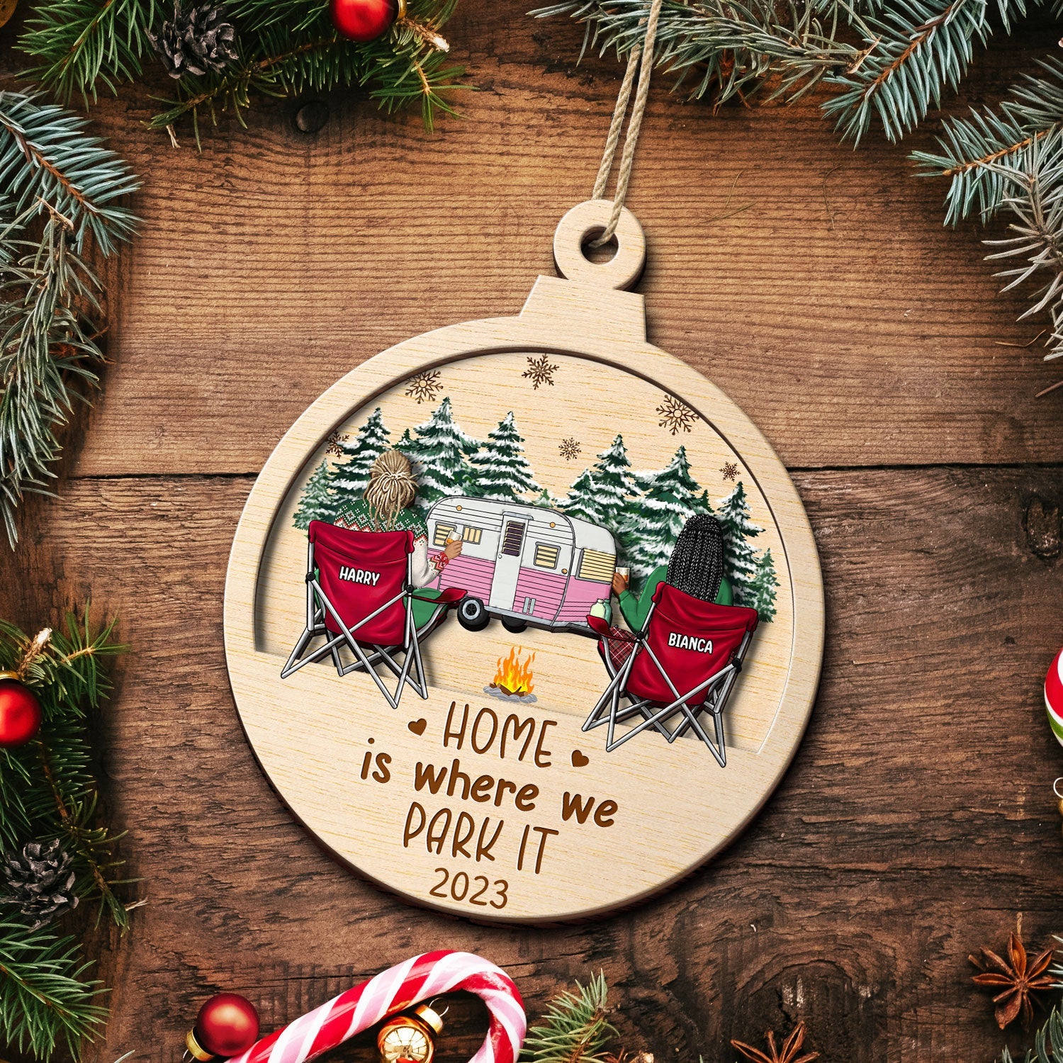 Husband & Wife Camping Partners For Life - Christmas Gift For Couples, Campers - Personalized 2-Layered Wooden Ornament - Image 5