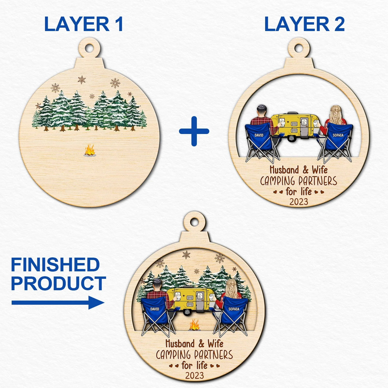 Husband & Wife Camping Partners For Life - Christmas Gift For Couples, Campers - Personalized 2-Layered Wooden Ornament - Image 6
