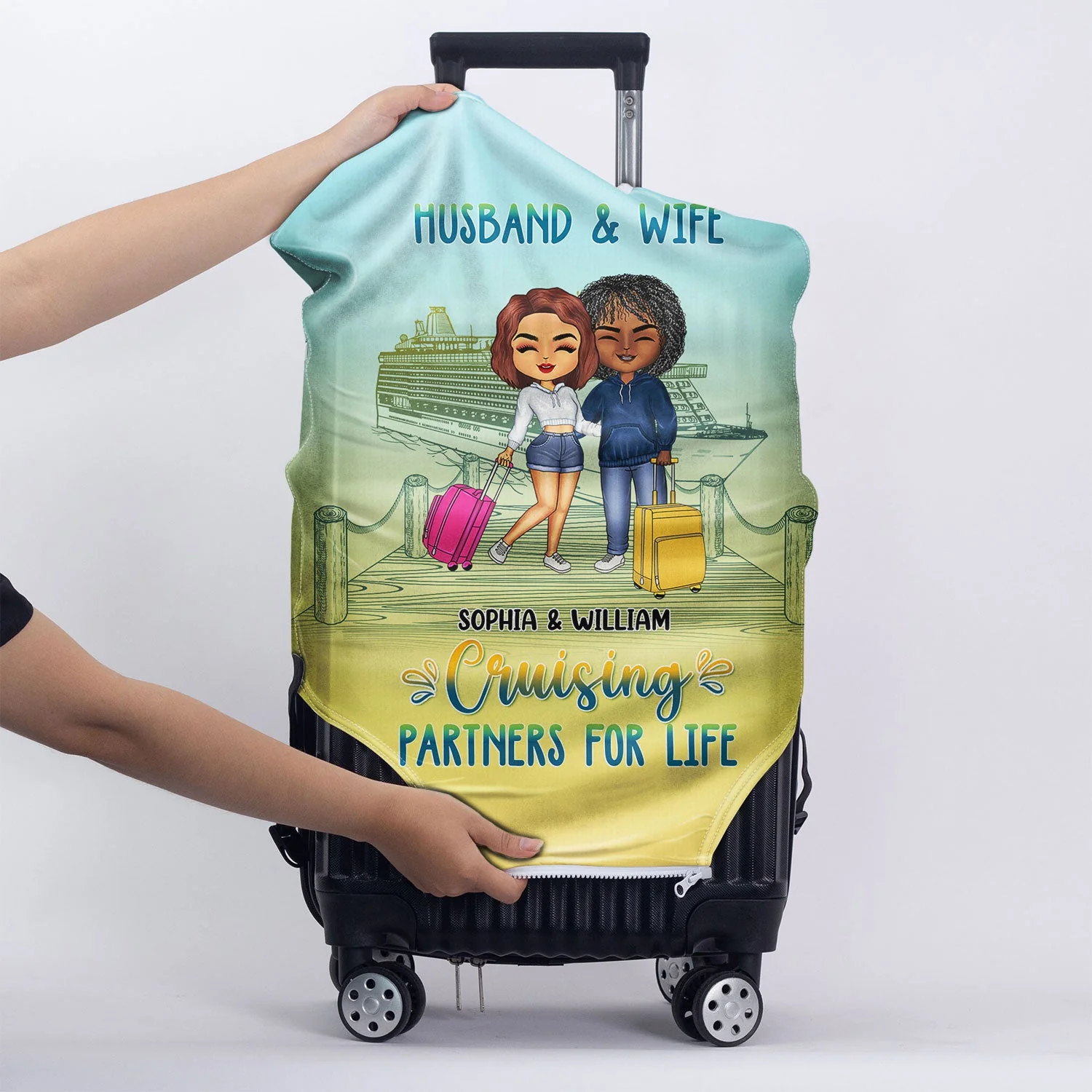 Husband & Wife Cruising Partners For Life - Gift For Couples - Personalized Luggage Cover - Image 5