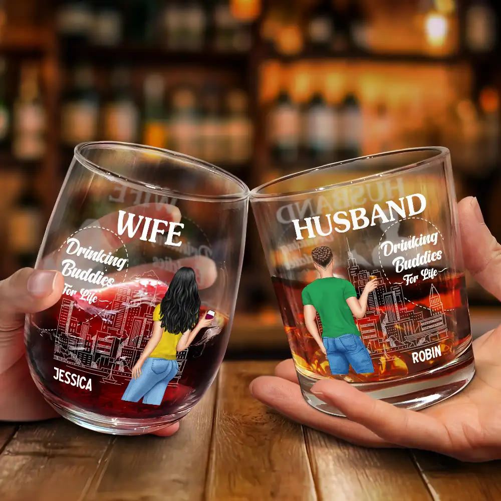Husband & Wife Drinking Partners For Life - Personalized Combo Wine & Whiskey Glass - Image 2