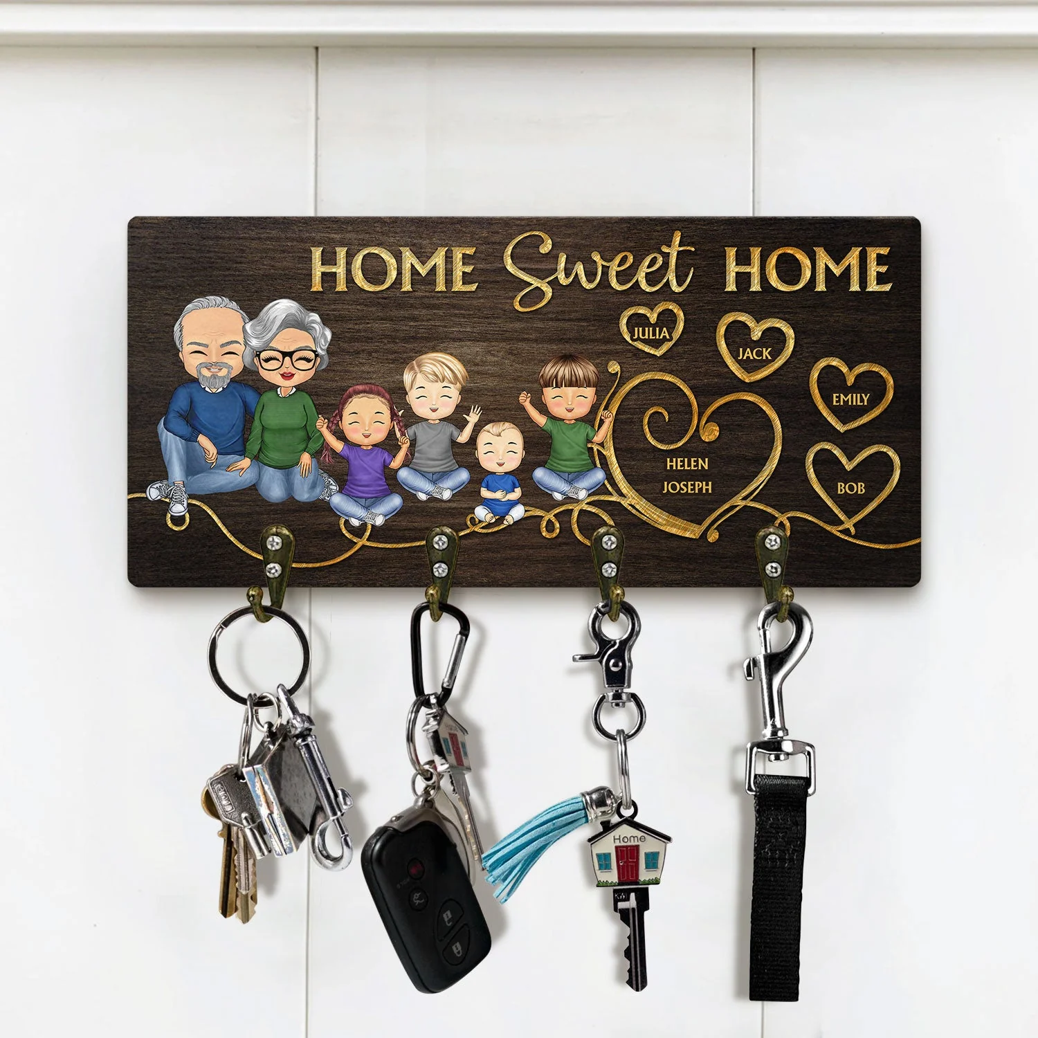 Husband & Wife Home Sweet Home Parents With Kids - Home Decor Gift For Married Couples - Personalized Custom Wood Key Holder - Image 2
