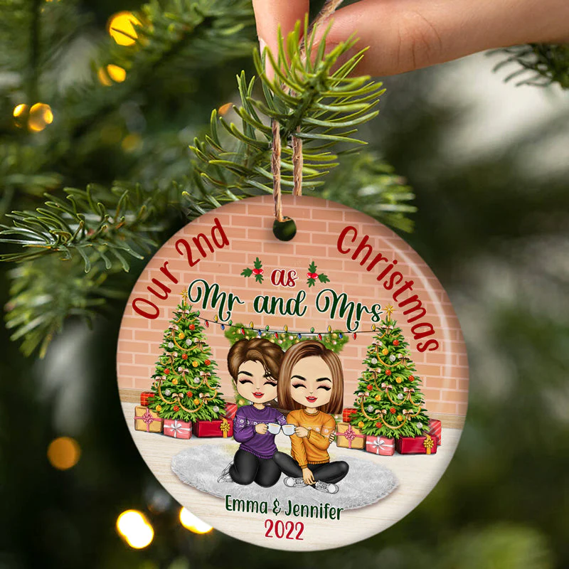 Husband Wife Our First Christmas As Mr And Mrs - Christmas Gift For Couple - Personalized Custom Circle Ceramic Ornament - Image 2