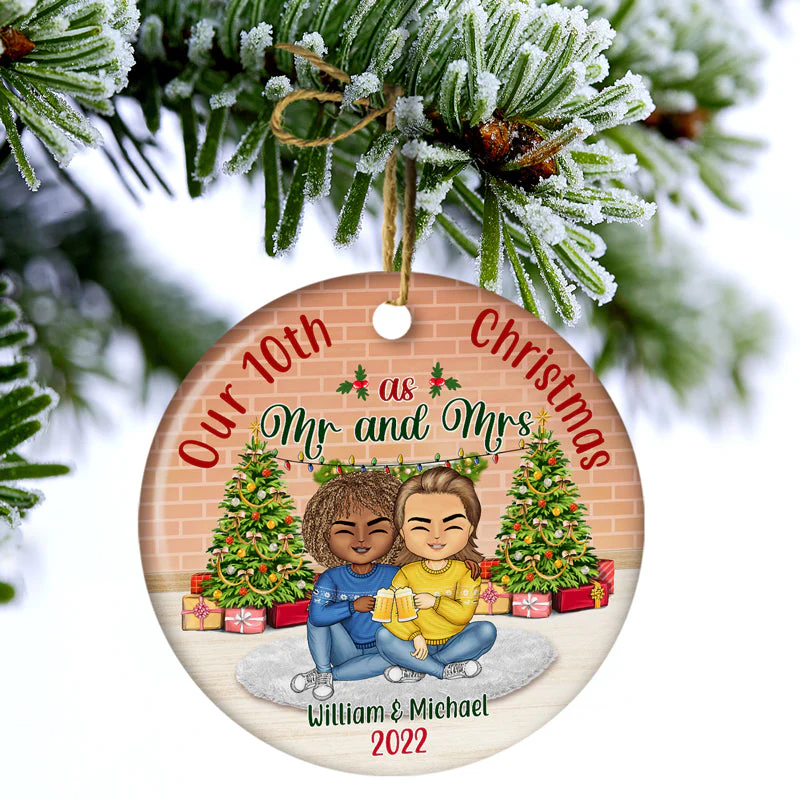 Husband Wife Our First Christmas As Mr And Mrs - Christmas Gift For Couple - Personalized Custom Circle Ceramic Ornament - Image 3
