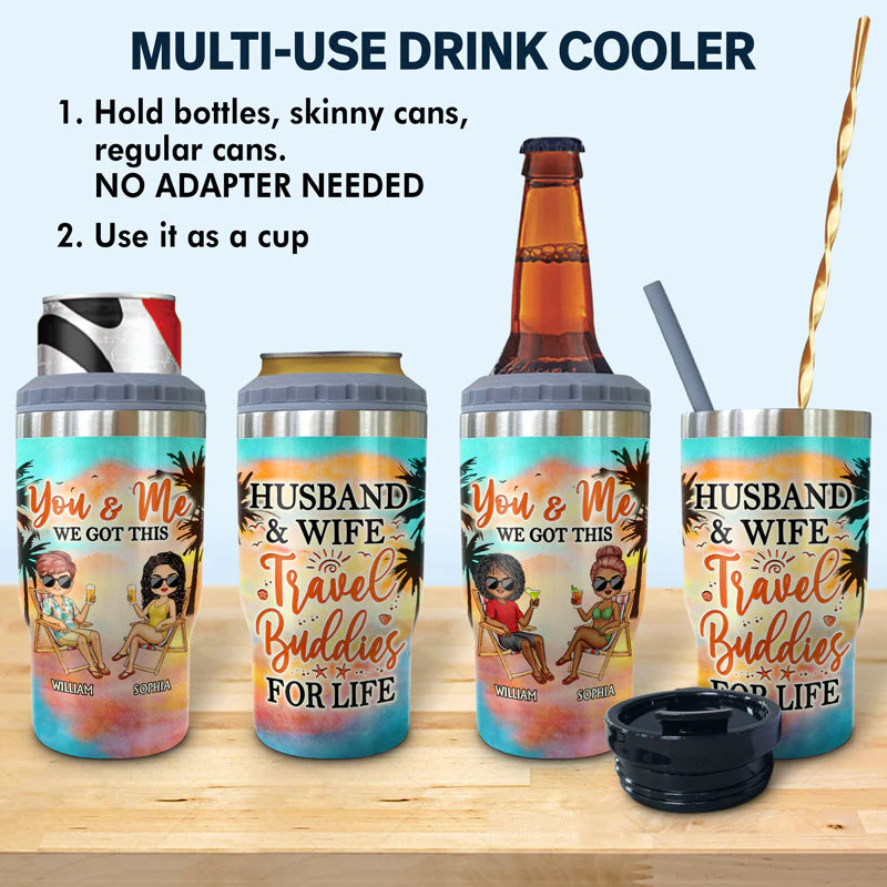 Husband & Wife Travel Buddies For Life Traveling - Couple Gift - Personalized Custom Triple 3 In 1 Can Cooler - Image 2