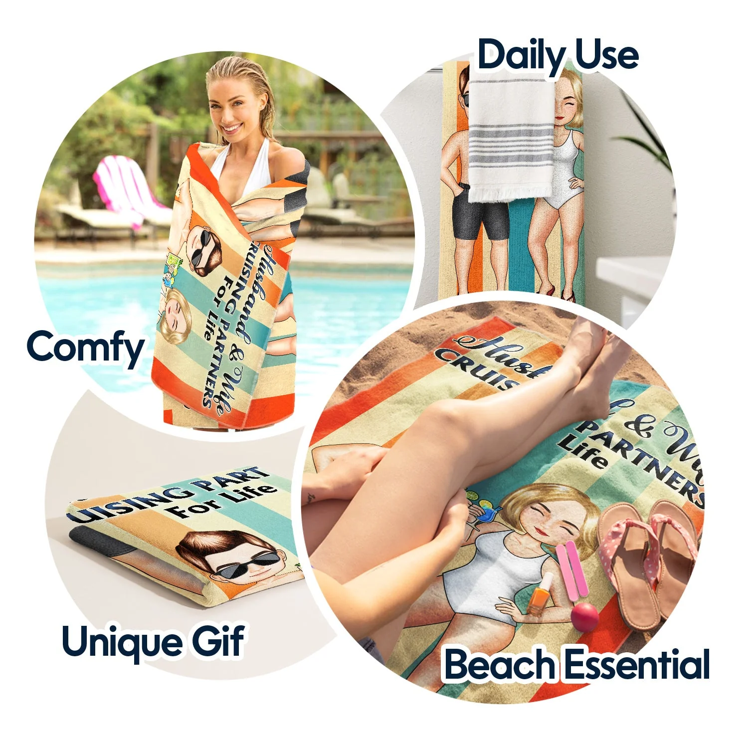 Husband & Wife Travel Partners For Life Traveling Beach Poolside Swimming Picnic Vacation - Birthday, Funny Gift For Her, Him, Couples, Family - Personalized Custom Beach Towel - Image 5