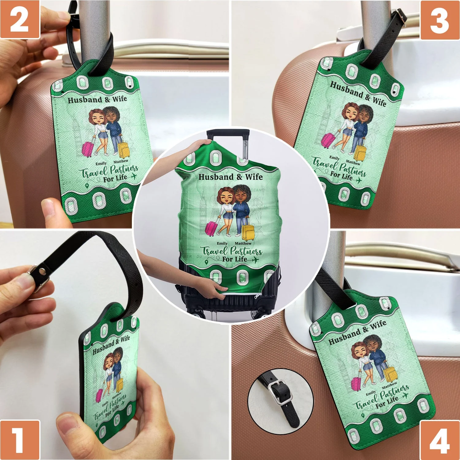 Husband & Wife Travel Partners For Life - Traveling Gift For Couples - Personalized Combo Luggage Cover And Luggage Tag - Image 5