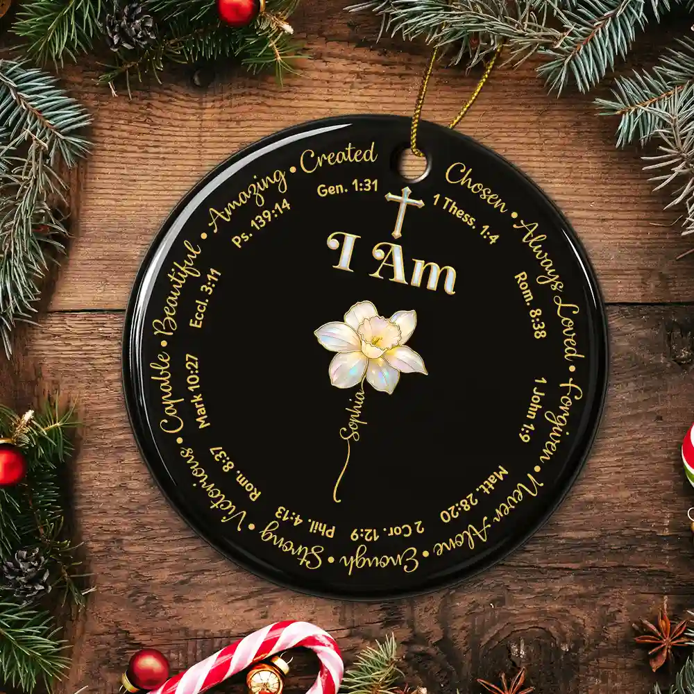I Am Always Loved Birth Month Flower Nacre Effect - Personalized Circle Ceramic Ornament - Image 5