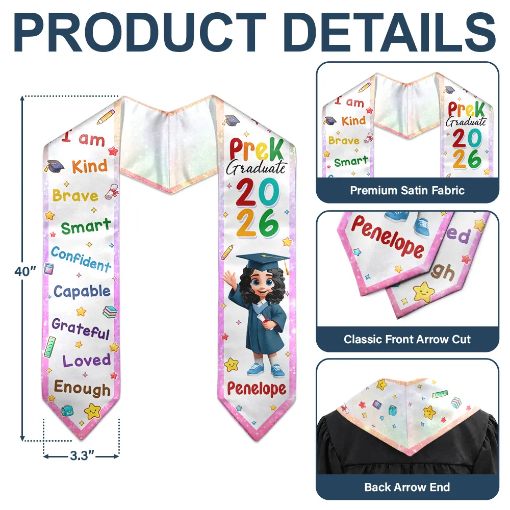 I Am Kind Affirmation Kinder Prek Graduation - Personalized Kid Graduation Stole - Image 5