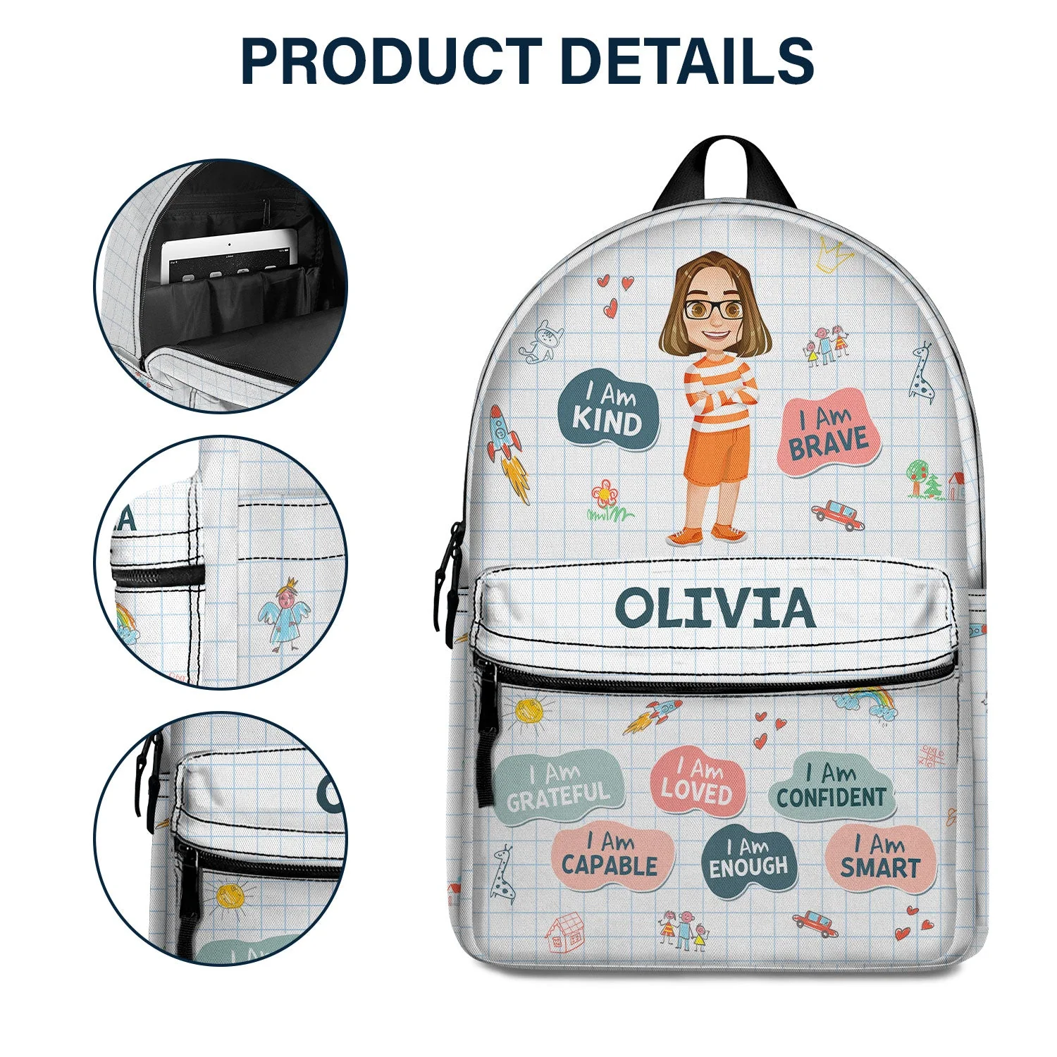 I Am Kind Smart Brave Affirmations - Gift For Kids, Back To School - Personalized Canvas Backpack - Image 5