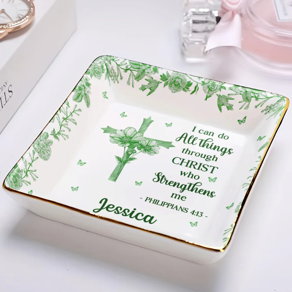 I Can Do All Things Through Christ Who Strengthens Me Toile Flower - Personalized Ring Dish - Image 2