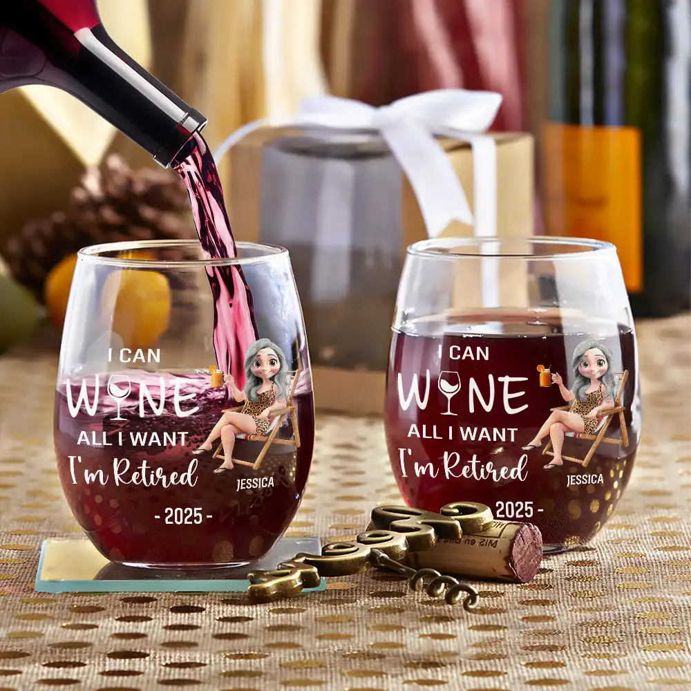 I Can Wine All I Want I'm Retired Cartoon - Personalized Stemless Wine Glass - Image 3