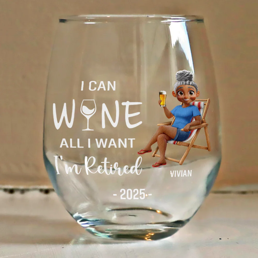 I Can Wine All I Want I'm Retired Cartoon - Personalized Stemless Wine Glass - Image 4