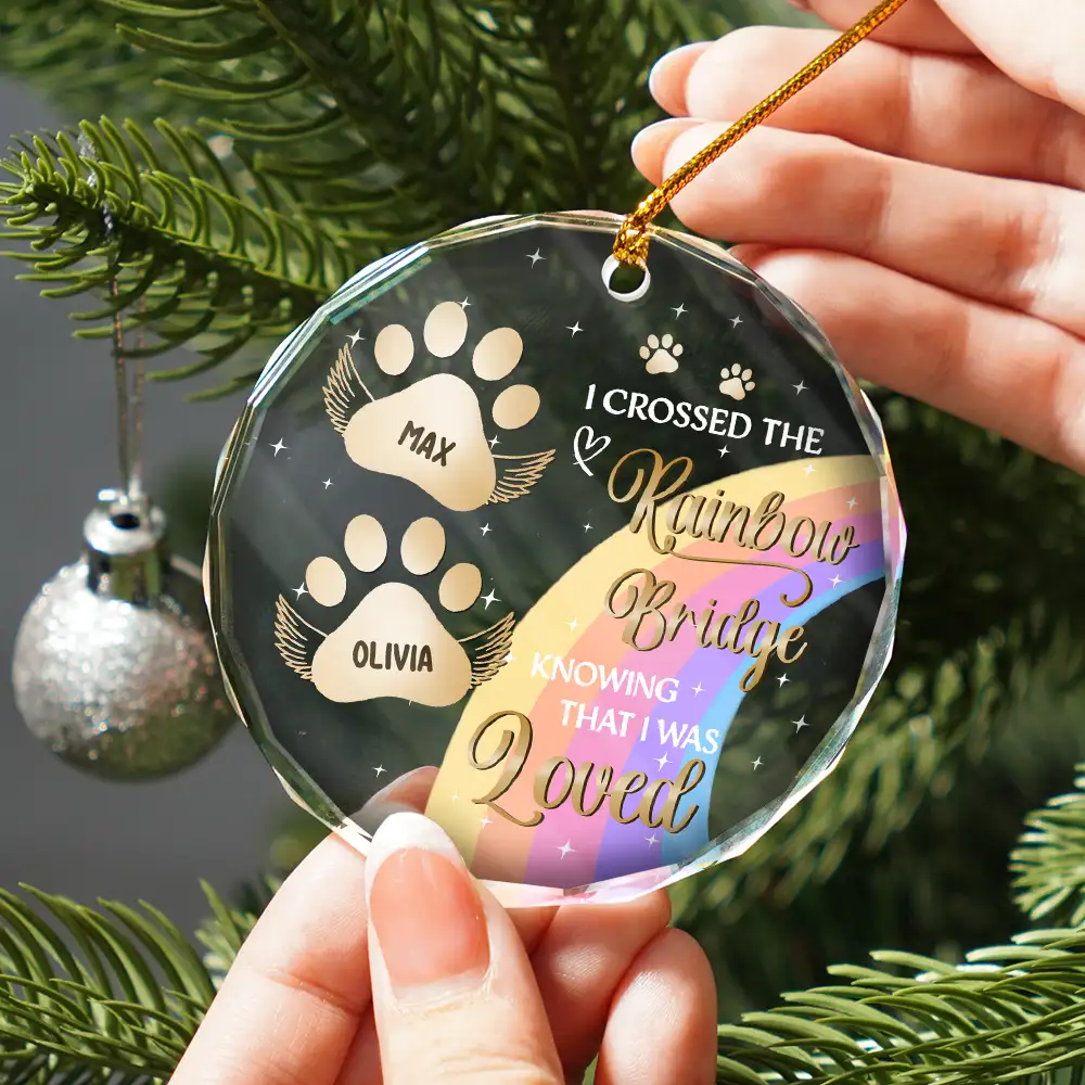 I Crossed The Rainbow Bridge Memorial Pet - Personalized Circle Glass Ornament - Image 2