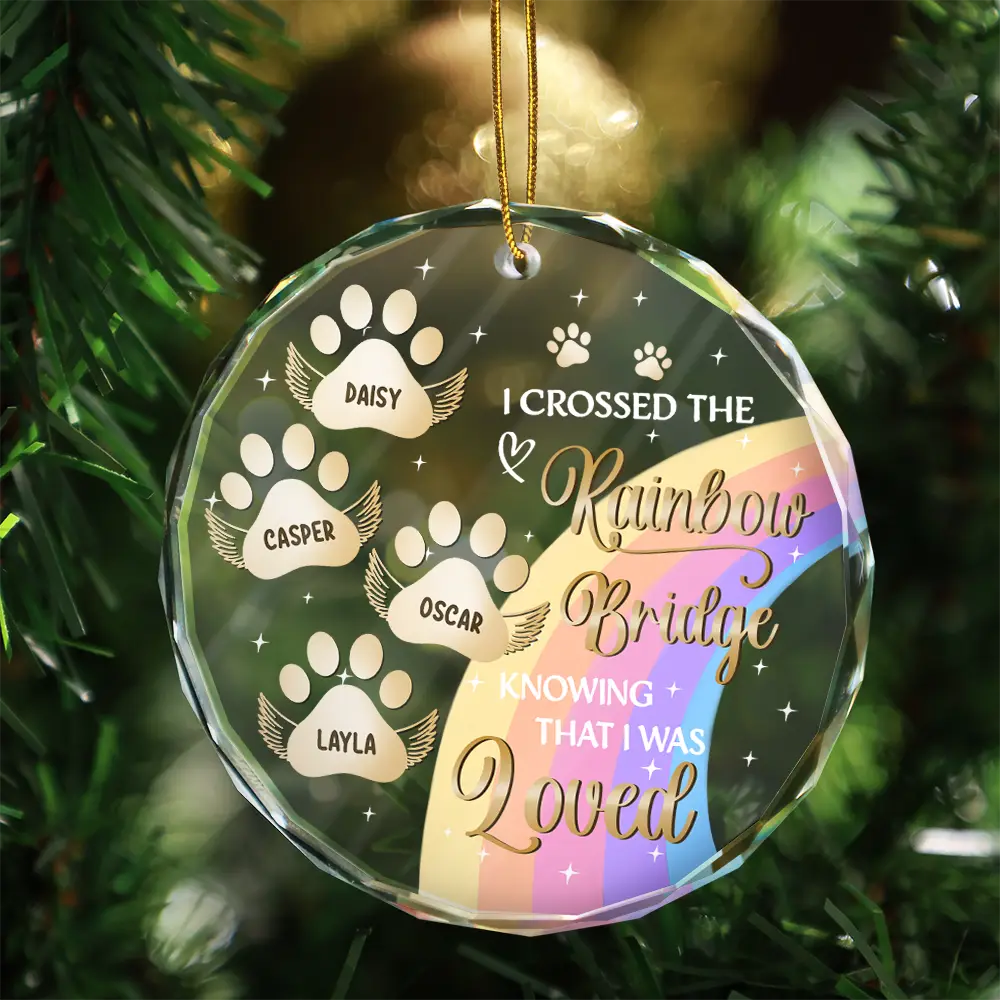 I Crossed The Rainbow Bridge Memorial Pet - Personalized Circle Glass Ornament - Image 3