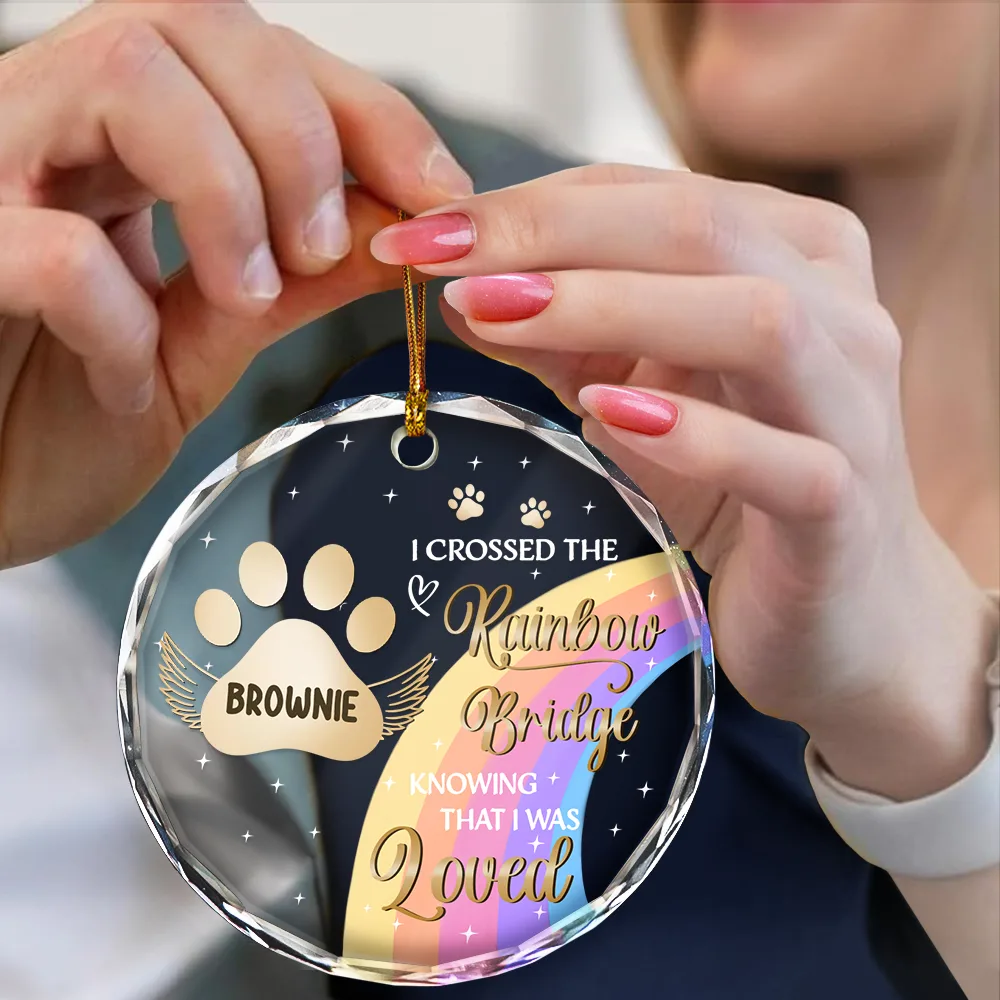 I Crossed The Rainbow Bridge Memorial Pet - Personalized Circle Glass Ornament - Image 4