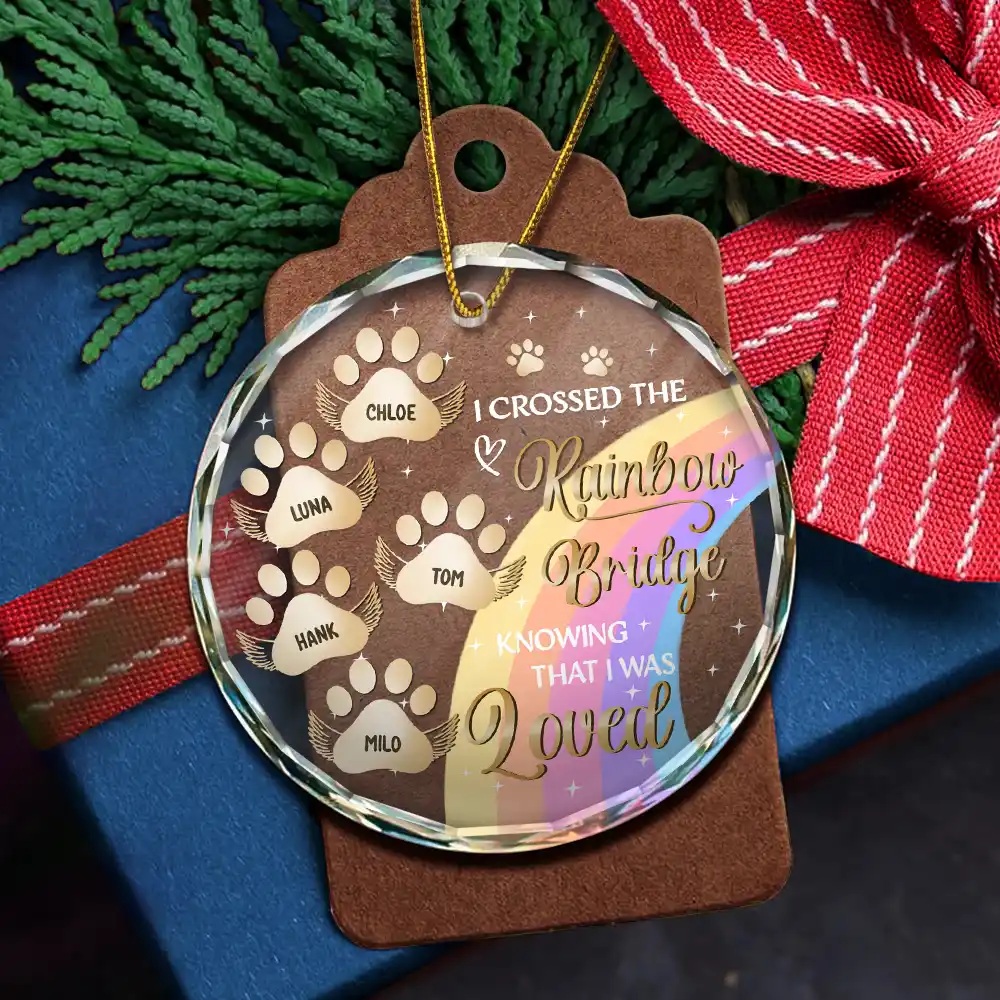 I Crossed The Rainbow Bridge Memorial Pet - Personalized Circle Glass Ornament - Image 5