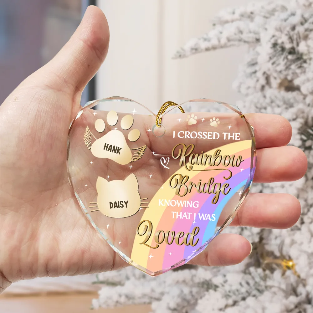I Crossed The Rainbow Bridge Memorial Pet - Personalized Heart Shaped Glass Ornament - Image 3