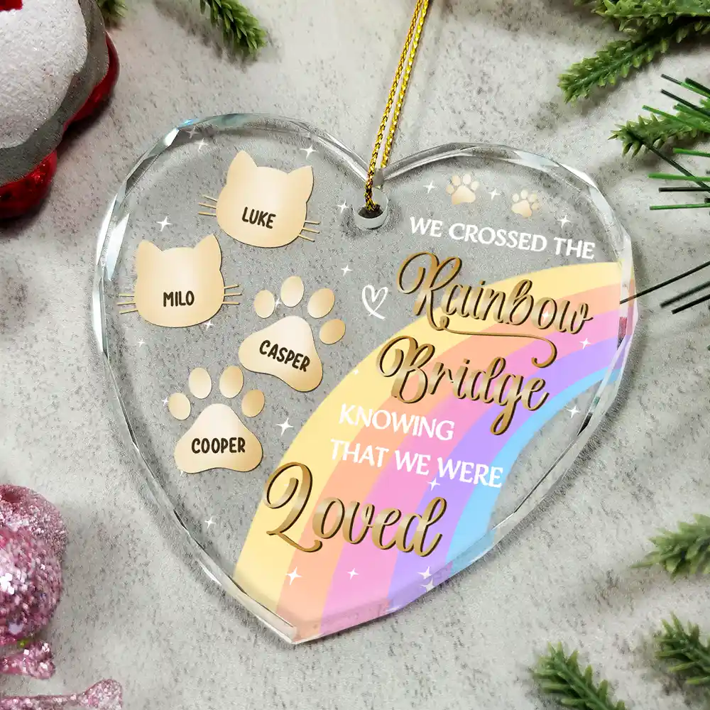 I Crossed The Rainbow Bridge Memorial Pet - Personalized Heart Shaped Glass Ornament - Image 4
