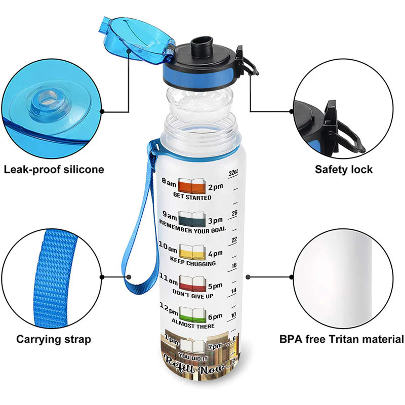 I Drink Water I Read Books - Gift For Book Lovers - Personalized Custom Water Tracking Bottle - Image 4