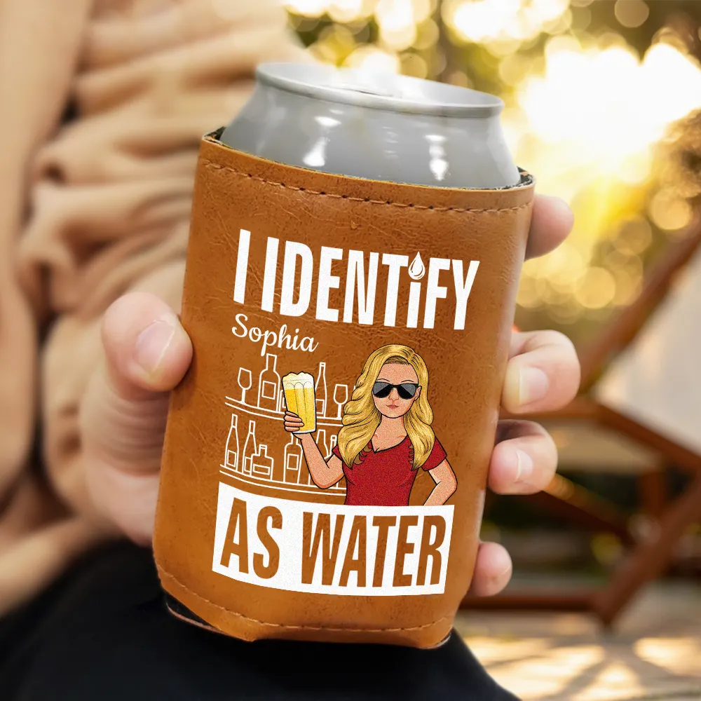I Identify As Water - Personalized Leather Can Cooler - Image 3