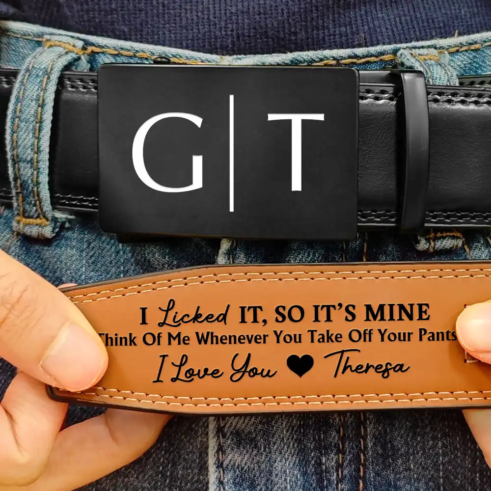 I Licked It So It's Mine Couple Initials - Personalized Leather Belt With Engraved Buckle - Image 3