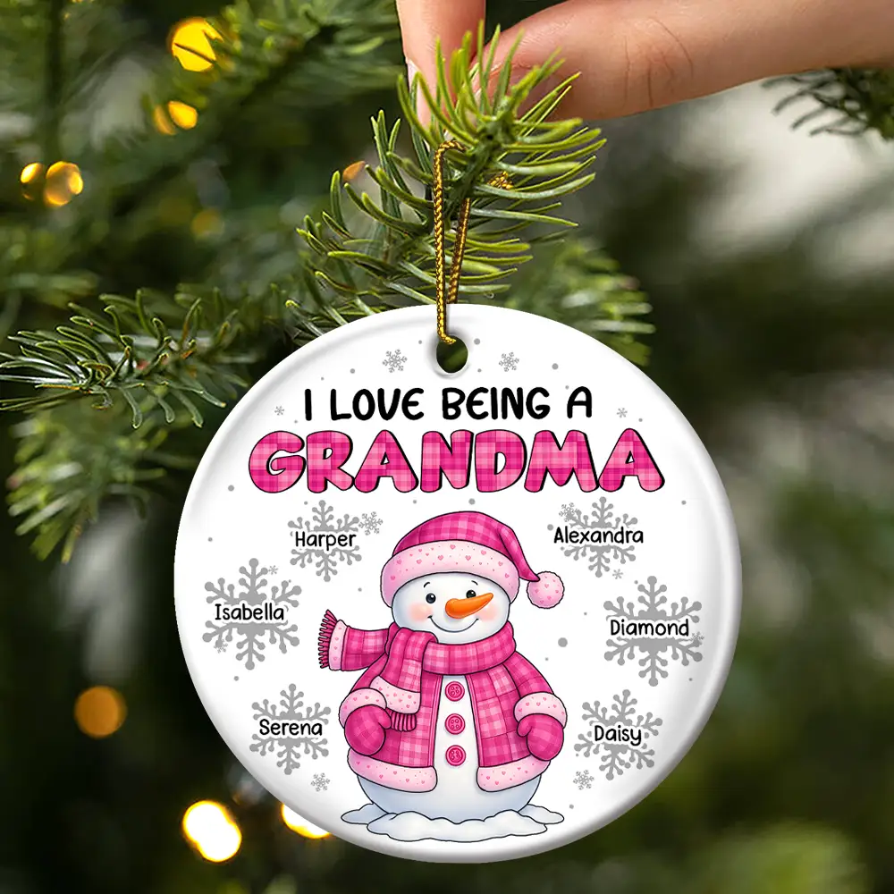 I Love Being A Grandma Snowman - Personalized Circle Ceramic Ornament - Image 3