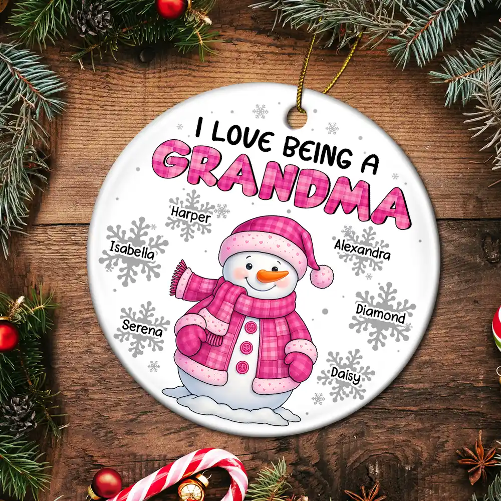 I Love Being A Grandma Snowman - Personalized Circle Ceramic Ornament - Image 5