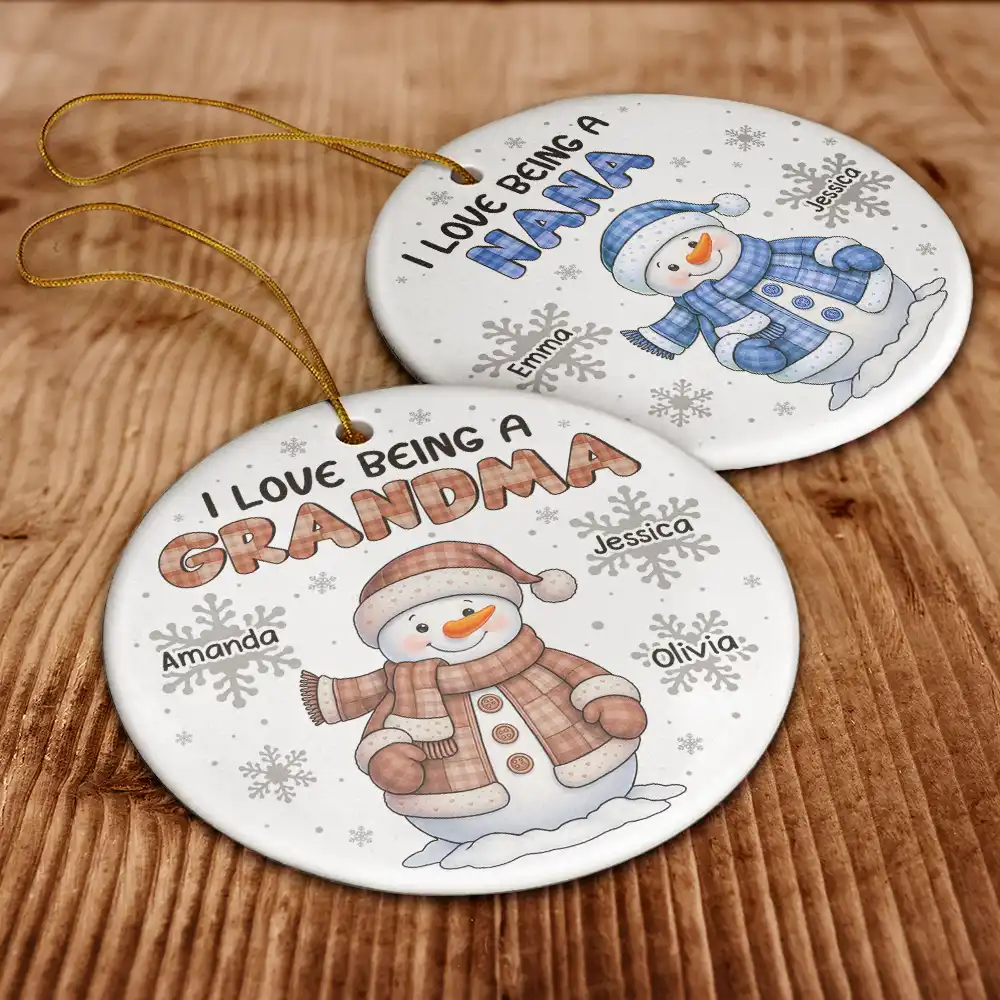 I Love Being A Grandma Snowman - Personalized Circle Ceramic Ornament - Image 6