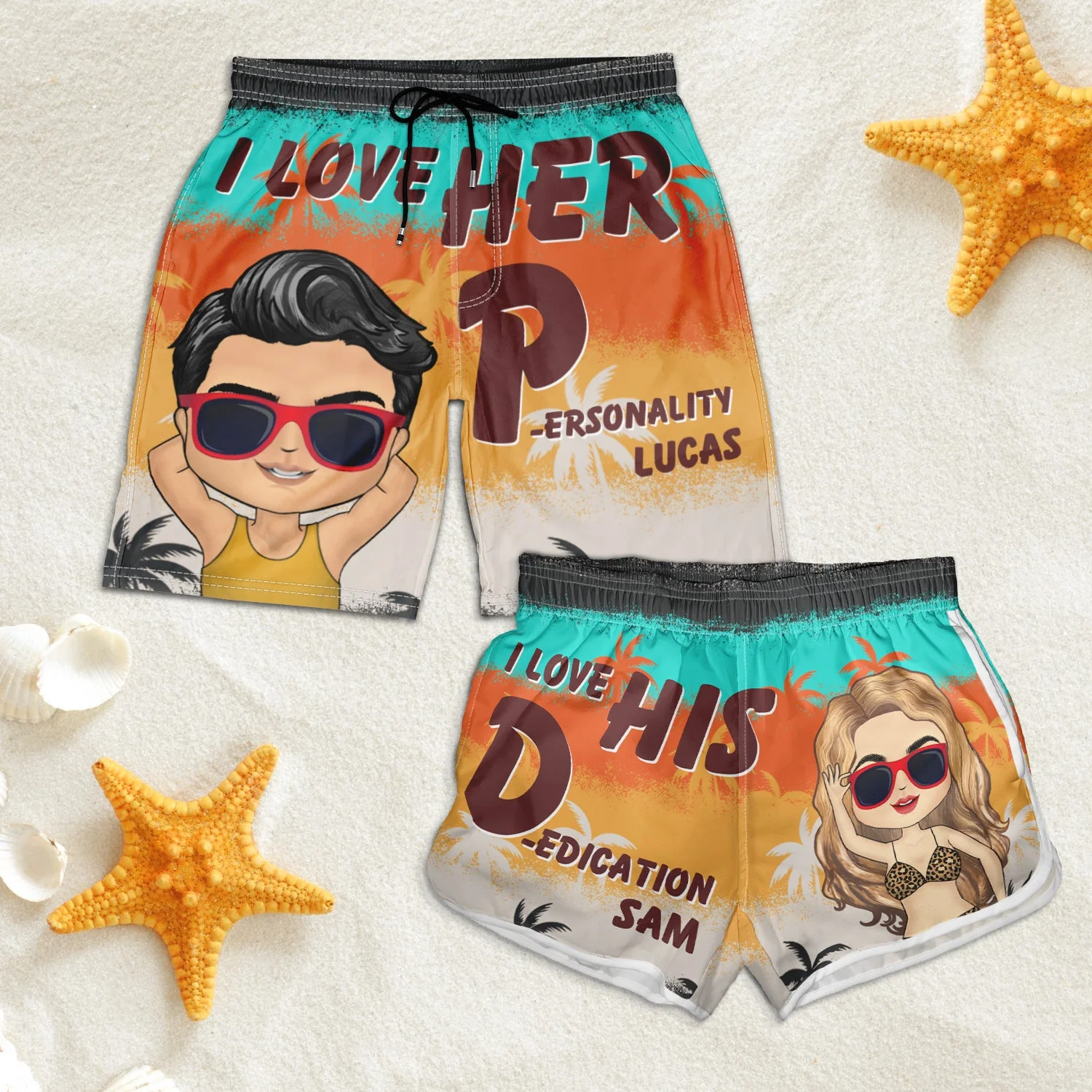 I Love His Dedication Her Personality Summer Beach Vibes - Gift For Spouse, Lover, Husband, Wife, Boyfriend, Girlfriend - Personalized Custom Couple Beach Shorts - Image 5