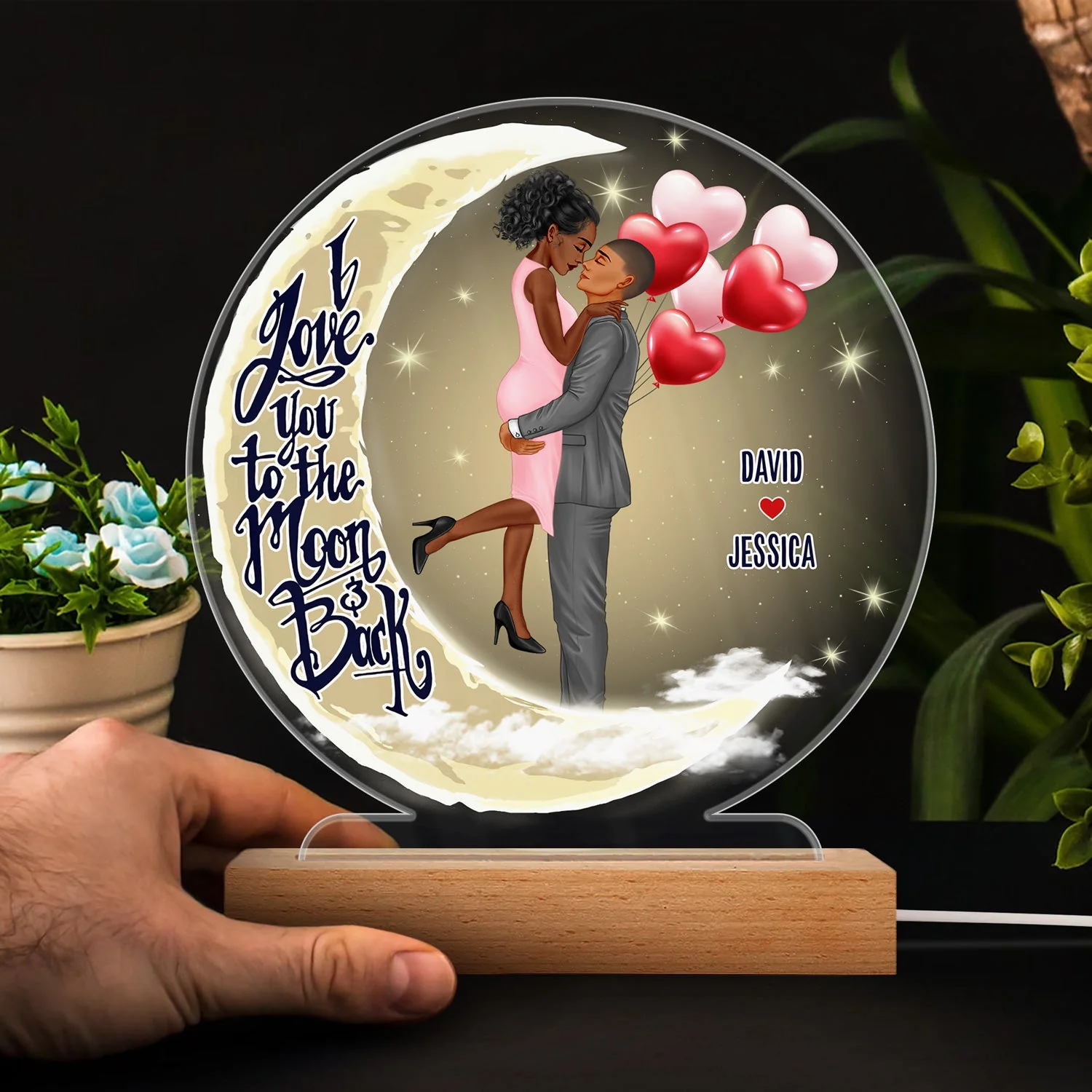 I Love You To The Moon And Back - Anniversary, Birthday Gift For Spouse, Lover, Husband, Wife, Boyfriend, Girlfriend, Married Couple - Personalized Custom 3D Led Light Wooden Base - Image 4