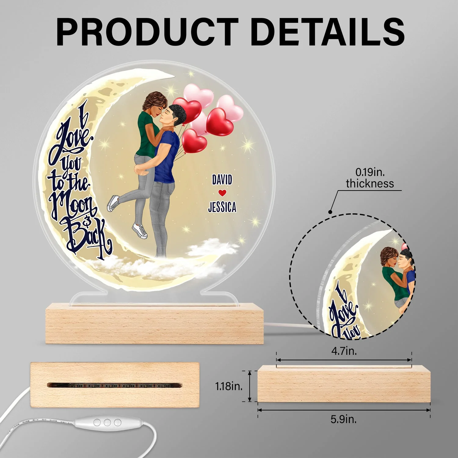 I Love You To The Moon And Back - Anniversary, Birthday Gift For Spouse, Lover, Husband, Wife, Boyfriend, Girlfriend, Married Couple - Personalized Custom 3D Led Light Wooden Base - Image 5